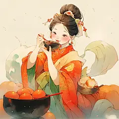 水彩画，中国传统女孩吃火锅，唐代奇幻喜庆海报