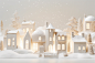 four white houses atop a white snow covered backdrop, in the style of play with light, dreamy and romantic compositions, konica big mini, installation creator, light beige and gold, the stars art group (xing xing), childlike innocence and charm