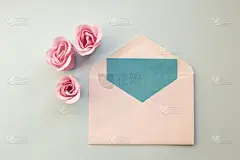 贺卡,信封,白色,粉色,空白的,三个物体,玫瑰,平铺,蓝色背景,花