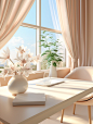 Empty white table in an office next to a window, in the style of animated gifs, soft tonal transitions, uhd image, soft and dreamy, flowing draperies