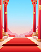 Red corridor with a golden archway inside chinese temple space chinese temple stage background royalty free vector illustration, in the style of 8k resolution, romantic landscape vistas, light red and sky-blue, high-angle, vibrant stage backdrops, outdoor