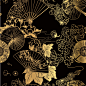 中式日式中国风金箔仙鹤庭院植物线稿AI矢量印刷包装背景设计素材 (16)