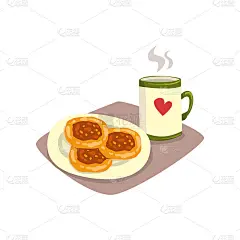 大杯热茶或咖啡和美味的自制馅饼在盘子里。开胃的早餐。卡通食品和饮料。早上好概念。平面向量的设计