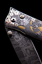Hand Engraved William Henry Knife by Gert Mathys, 24K Gold, pure silver and copper inlay work.