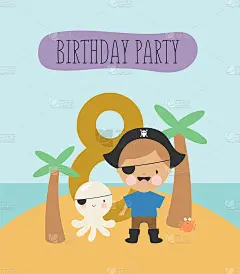 生日聚会，贺卡，聚会邀请。孩子插画与小海盗和题字8。矢量插图在卡通风格。