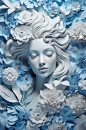 AI数字艺术手绘蓝色花朵古典石膏雕塑模型
