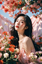  1girl, long hair, flower, Lisianthus, in the style of red and light azure, dreamy and romantic compositions, red, ethereal foliage, playful arrangements, fantasy, high contrast, ink strokes, explosions, over exposure, purple and red tone impression, abst