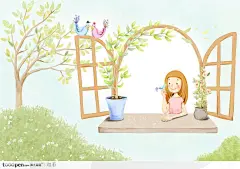 手绘趴在窗台上和小鸟玩耍的小女孩