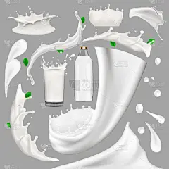 全脂奶酸奶和奶油大飞溅套装，倒出并飞溅3D矢量逼真的插图，日记本饮料产品设计元素，包装，牛奶盒，瓶子