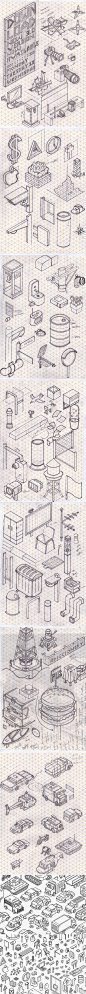 Chaos Sketch : Sketches on a isometric reticle paper! Dont like the lines when im drawin, but in this case the paper helped too much, without the lines would be impossible. I was 2 months just thinking about things you can find in a city, and trying to dr