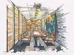 长春汇之途手绘 [http://97043106.qzone.qq.com]给同学们分享两张不错的手绘表现图，室内场景，大胆运用灰色来处理空间界面，画风很硬。
人人小站：http://zhan.renren.com/97043106（长春汇之途手绘）
