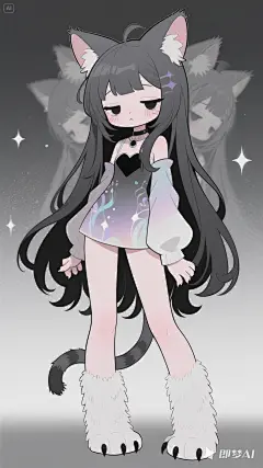 人设图，oc设定，oc设定图，人物设计，少女，福瑞少女，猫爪，Q版，全身