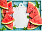 Watermelon slices with ice cubes and mint leaves on blue wooden background, white ceramic board...
