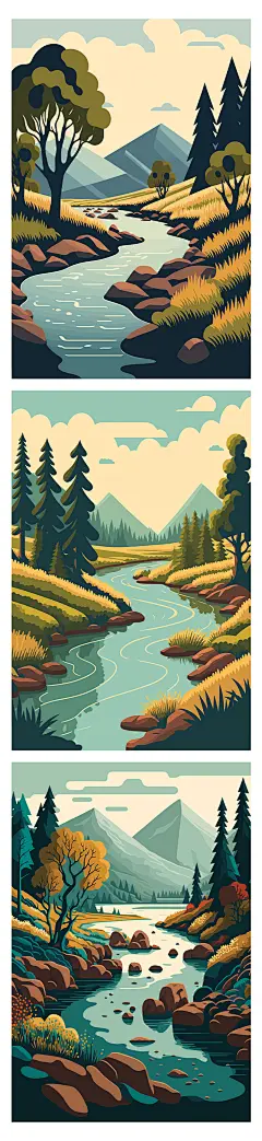 手绘自然旅行风景扁平化森林山脉山川湖泊插画AI矢量插图素材 (1)