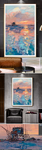 新中式手绘抽象油画海边夕阳帆船风景装饰画