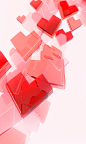colorful holographic hearts on a white background, in the style of light red and dark amber, three-dimensional puzzles, translucent layers, light red and light pink, depth of field, fragmented advertising, monochromatic geometry