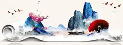 中国风古风水墨山水画意境海报背景