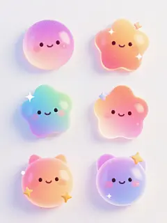 6个不同配色、不同样式、不同材质的3D卡通风格元素，保持圆润可爱的造型特征，每个元素拥有渐变色彩过渡和细腻的磨砂质感，表面带有柔和的高光和轻微的颗粒感，边缘有清晰的描边效果，部分元素点缀着星星、闪光等装饰性图形，所有元素在纯白色背景上呈整齐排列，整体风格统一为明亮欢快的Q版3D设计，光影柔和，立体感强，细节丰富。