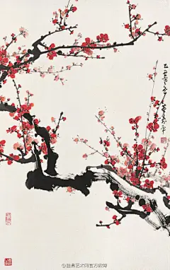 [【艺术鉴赏】] 董寿平 国画《红梅》 董寿平善画梅，朱砂红梅堪称绝技，画梅繁中有简，简中有繁，繁而不乱，简而有理。