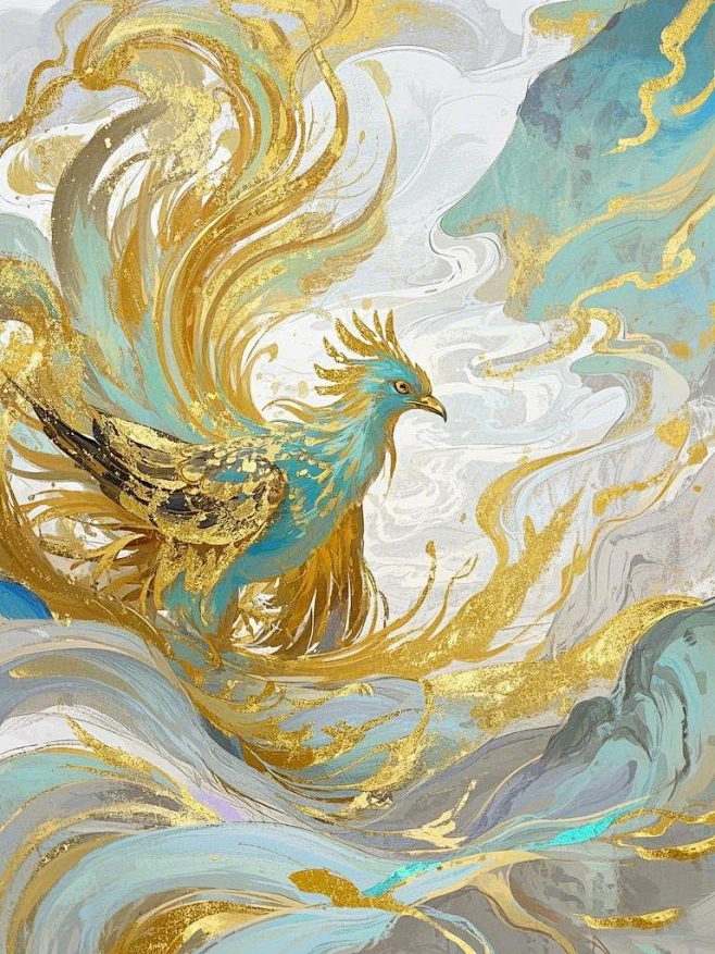 凤鸾、金箔岩彩-花瓣网