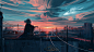 General 1920x1080 digital art artwork Aenami city cityscape sunset sky power lines clouds sunlight horizon planet rooftops stars_CG原画 _T2020430  _【素材】背景素材_T2020430 