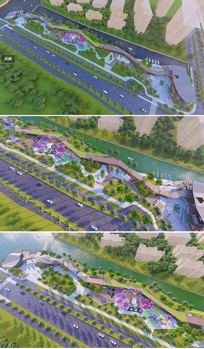 滨河滨水休闲公园景观SU模型河道街角带状...