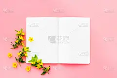 春季卡实物与黄花与叶，俯视图