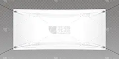 白色现实挂空白面料水平帆布横幅符号矢量在绳上做广告.3D空的纺织材料海报模型集隔离在透明的背景下。挂