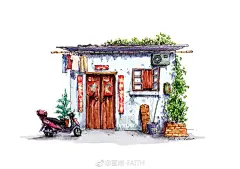 钢笔淡彩小房子
这张画录有视频，还在卖力剪辑中
素材来源@一瓶子的猫 
画笔：黑天鹅✒️
颜料：温莎牛顿

手绘水彩钢笔淡彩手绘是一种信仰 ​​​​