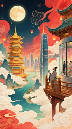 国潮风插画，融合中式古塔与现代都市，月下烟花绽放，光影交织，水墨云海缭绕，鎏金建筑辉映，营造梦幻浪漫的超现实中秋夜景。