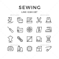 设置行缝纫——人造物体对象的图标Set Line Icons of Sewing - Man-made objects Objects锥子,服装,工艺,服装,面料,时尚,图标,工业、铁、编织、线、机、人体模型、材料、测量、米,针,刺绣,轮廓,针,剪刀,集,缝纫,缝纫、线轴,裁缝,裁缝,胶带、纺织、线程 awl, clothes, craft, dress, fabric, fashion, icon, industry, iron, knitting, line, machine, mannequin, 