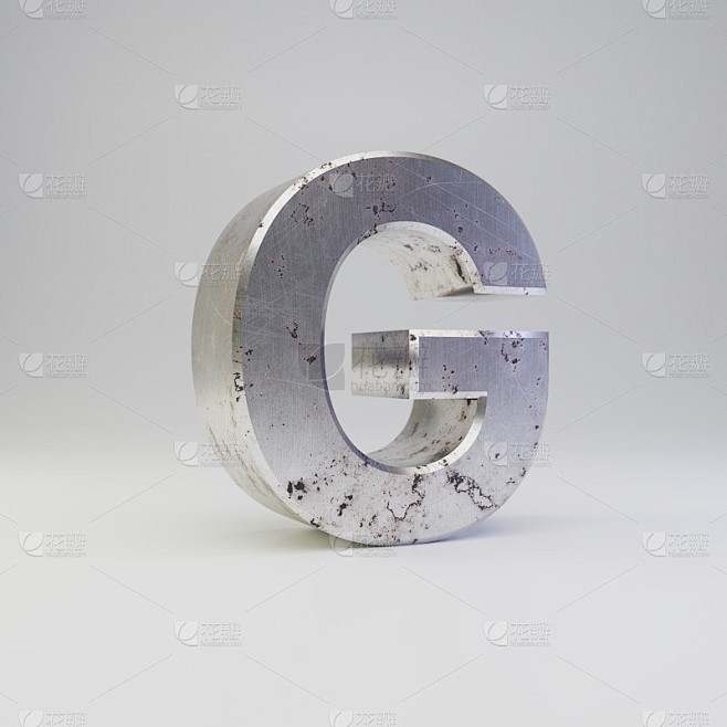 金属字母G大写。3D渲染划痕生锈的金属字...