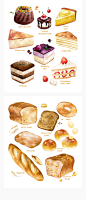 面包店水果点心蛋糕奶油面包甜甜圈咖啡美食元素插画PSD设计素材-淘宝网