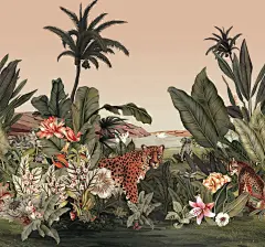 北欧 热带雨林 椰树 芭蕉 花卉 豹子 天鹅 手绘 壁画 壁纸 墙画 背景墙 电视背景 床头背景 卧室 酒店