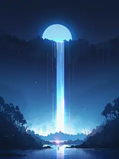 极简主义科技感蓝色光影月亮自然景观发光体光效立体场景海报背景midjourney关键词咒语分享