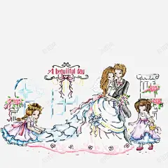 手绘一家人婚纱照 创意素材
