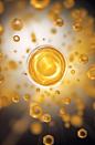 An image of a circular molecule surrounded by spores, in the style of light amber and gold, intricate still lifes, back button focus, drugcore, poured, selective focus