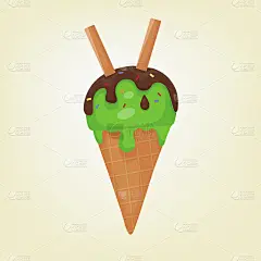 冰淇淋与平面矢量插图卡通风格。正在融化的绿色冰淇淋球，装在华夫饼蛋卷里。黑巧克力、滚边饼干和甜食。最