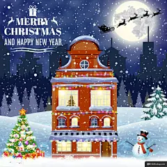 雪人雪橇圣诞节新年夜晚雪景冬季节日手绘主题海报模板矢量素材