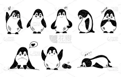 一套可爱有趣的企鹅与不同的情感，黑白插画的手绘风格。