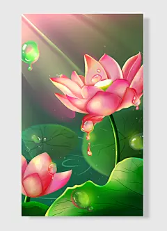 荷花叶子阳光绿色清新唯美插画设计素材-图巨人