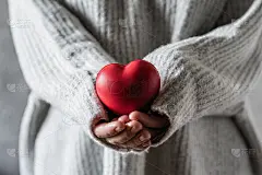 女孩在一个编织的冬天毛衣拿着一个小的红色情人心。概念