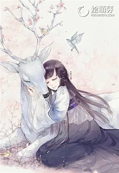 白鹿与豆蔻少女互相依靠慰藉治愈水粉古风言情插画美图赏析_绘萌芽绘画网