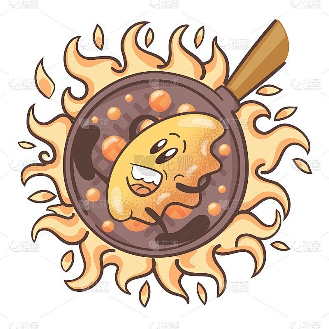 日式煎饺。有趣的卡通人物。煎锅。在白色背景上。向量