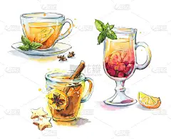 一套健康的茶，放在透明的杯子里，手绘水彩画
