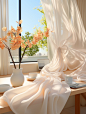 A white table in an office next to a window, in the style of animated gifs, soft tonal transitions, uhd image, soft and dreamy, flowing draperies