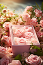 the inside of a box with flowers is covered with pink roses, in the style of georg jensen, digitally manipulated images, playful color palette, rachel whiteread, joyful celebration of nature, soft and dreamy atmosphere, soft gradients