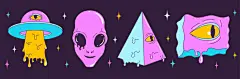 图源免费EPS |Psychedelic retro cartoon character set. Modern stickers in trendy Y2K style with flying saucer, alien, pyramid, carved trippy eye. Funny faces, vibrant colors. Crazy vector illustration.