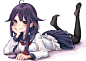 1girl ahoge animal_print apron black_legwear blue_skirt feet_up fish_print hair_flaps hand_on_own_cheek head_rest kamidanomi kantai_collection legs_up long_sleeves low_twintails lying magatama miniskirt no_shoes on_stomach pantyhose pleated_skirt purple_h