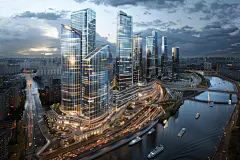 城市高楼外观傍晚航拍